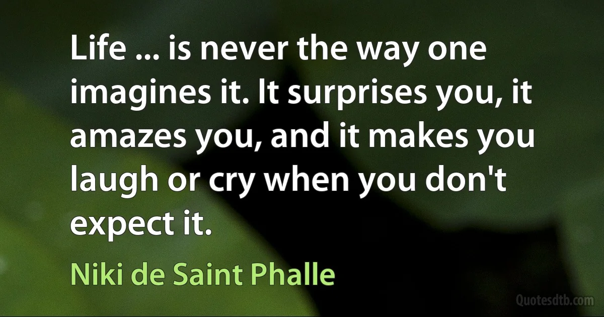 Life ... is never the way one imagines it. It surprises you, it amazes you, and it makes you laugh or cry when you don't expect it. (Niki de Saint Phalle)