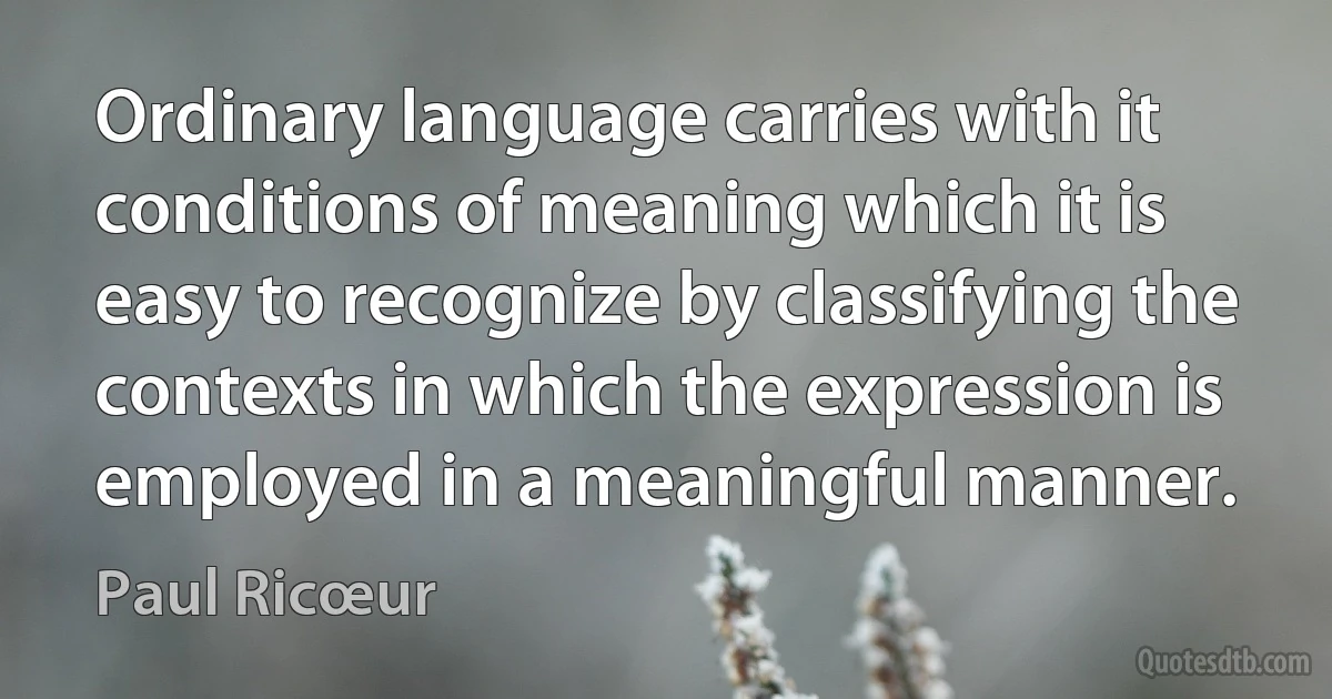 Ordinary language carries with it conditions of meaning which it is easy to recognize by classifying the contexts in which the expression is employed in a meaningful manner. (Paul Ricœur)