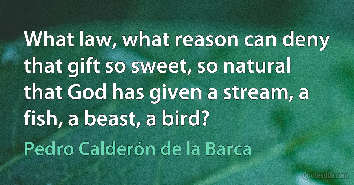 What law, what reason can deny that gift so sweet, so natural that God has given a stream, a fish, a beast, a bird? (Pedro Calderón de la Barca)