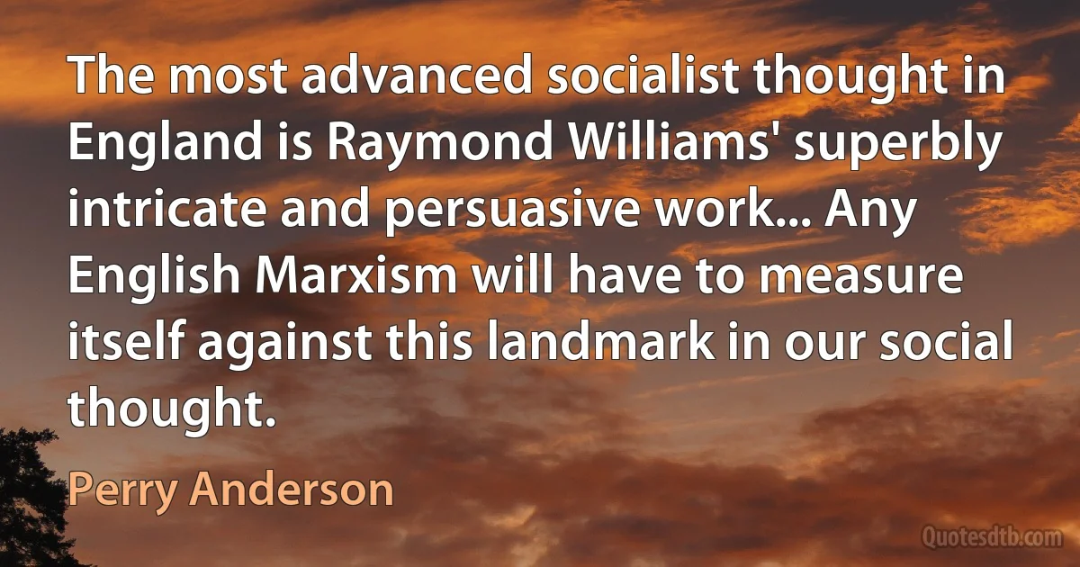 The most advanced socialist thought in England is Raymond Williams' superbly intricate and persuasive work... Any English Marxism will have to measure itself against this landmark in our social thought. (Perry Anderson)