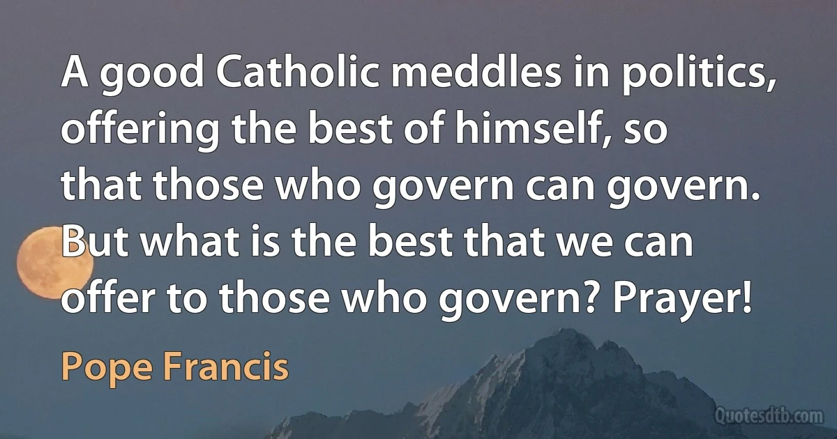 A good Catholic meddles in politics, offering the best of himself, so that those who govern can govern. But what is the best that we can offer to those who govern? Prayer! (Pope Francis)