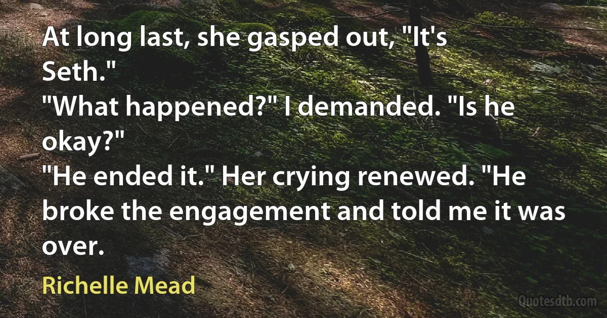 At long last, she gasped out, "It's Seth."
"What happened?" I demanded. "Is he okay?"
"He ended it." Her crying renewed. "He broke the engagement and told me it was over. (Richelle Mead)