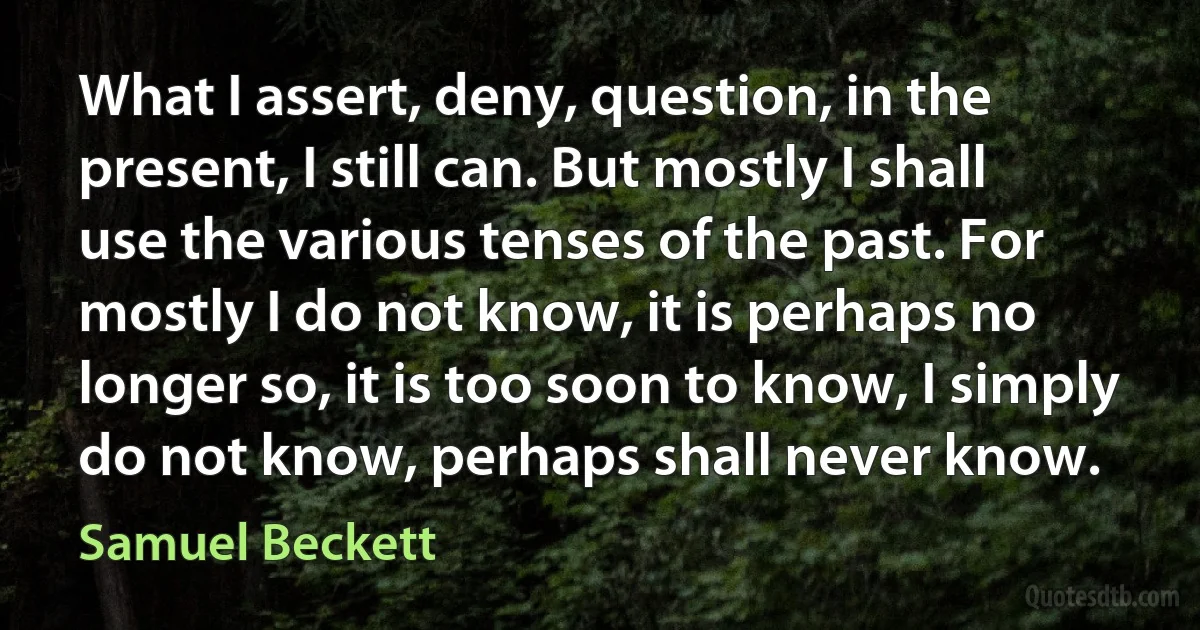 What I assert, deny, question, in the present, I still can. But mostly I shall use the various tenses of the past. For mostly I do not know, it is perhaps no longer so, it is too soon to know, I simply do not know, perhaps shall never know. (Samuel Beckett)