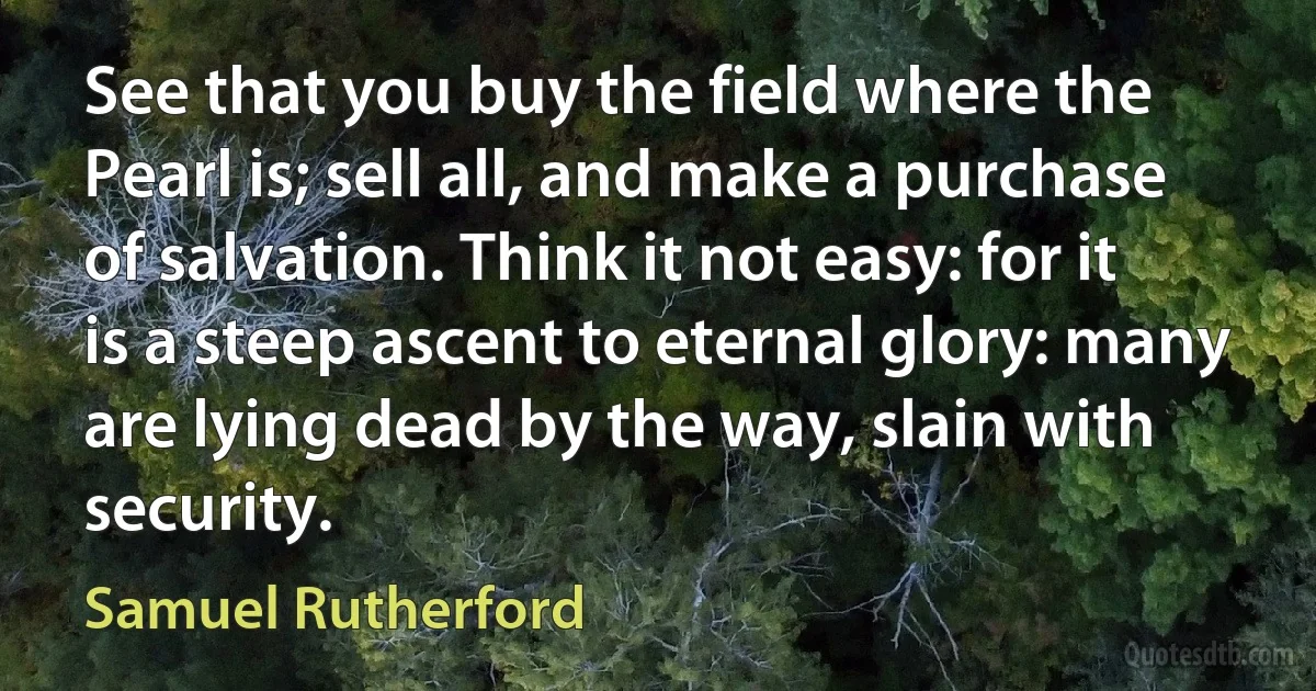 See that you buy the field where the Pearl is; sell all, and make a purchase of salvation. Think it not easy: for it is a steep ascent to eternal glory: many are lying dead by the way, slain with security. (Samuel Rutherford)