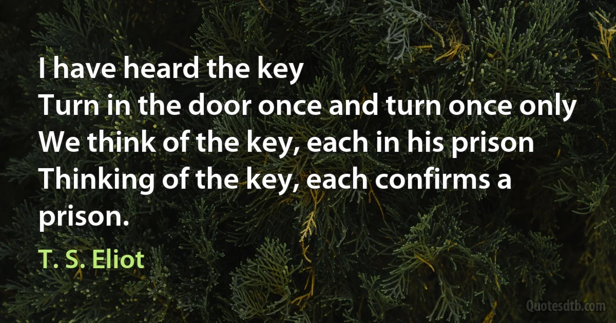 I have heard the key
Turn in the door once and turn once only
We think of the key, each in his prison
Thinking of the key, each confirms a prison. (T. S. Eliot)