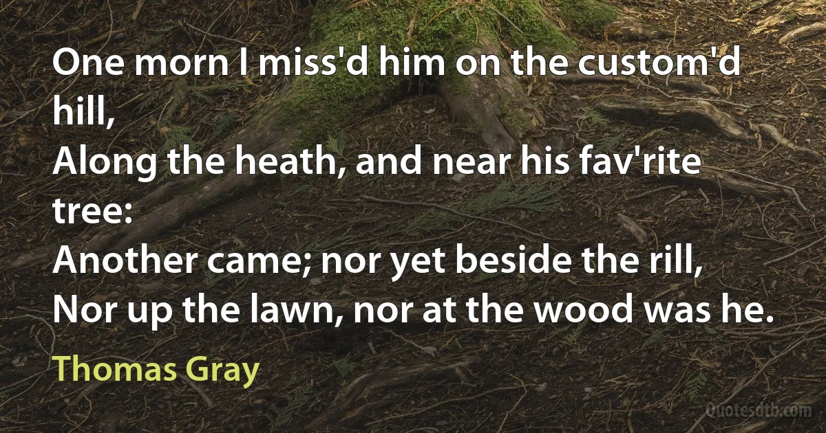 One morn I miss'd him on the custom'd hill,
Along the heath, and near his fav'rite tree:
Another came; nor yet beside the rill,
Nor up the lawn, nor at the wood was he. (Thomas Gray)