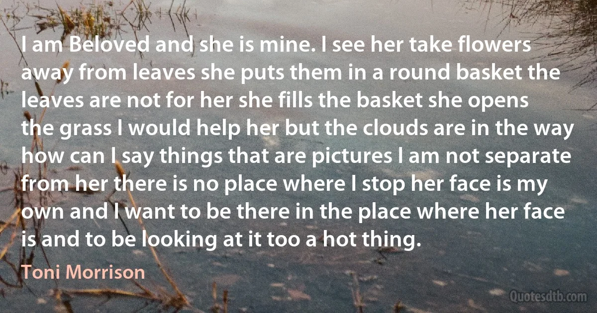 I am Beloved and she is mine. I see her take flowers away from leaves she puts them in a round basket the leaves are not for her she fills the basket she opens the grass I would help her but the clouds are in the way how can I say things that are pictures I am not separate from her there is no place where I stop her face is my own and I want to be there in the place where her face is and to be looking at it too a hot thing. (Toni Morrison)