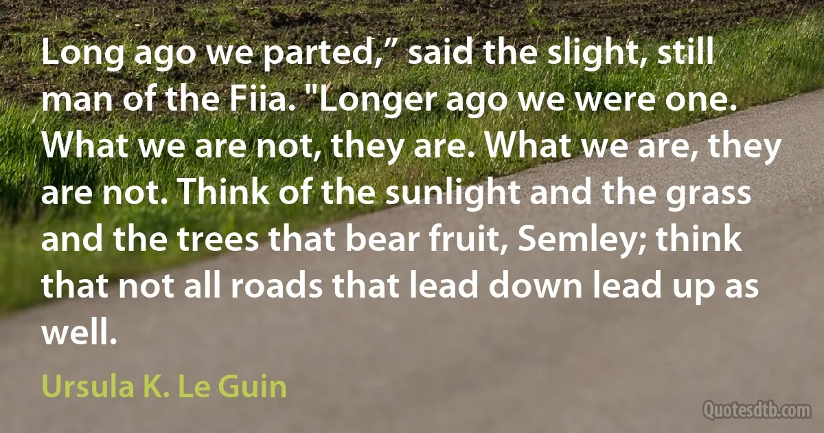 Long ago we parted,” said the slight, still man of the Fiia. "Longer ago we were one. What we are not, they are. What we are, they are not. Think of the sunlight and the grass and the trees that bear fruit, Semley; think that not all roads that lead down lead up as well. (Ursula K. Le Guin)