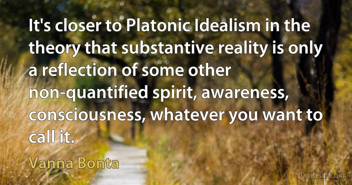 It's closer to Platonic Idealism in the theory that substantive reality is only a reflection of some other non-quantified spirit, awareness, consciousness, whatever you want to call it. (Vanna Bonta)