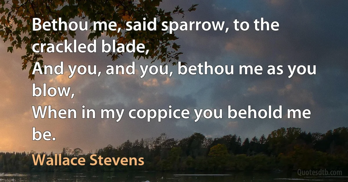 Bethou me, said sparrow, to the crackled blade,
And you, and you, bethou me as you blow,
When in my coppice you behold me be. (Wallace Stevens)