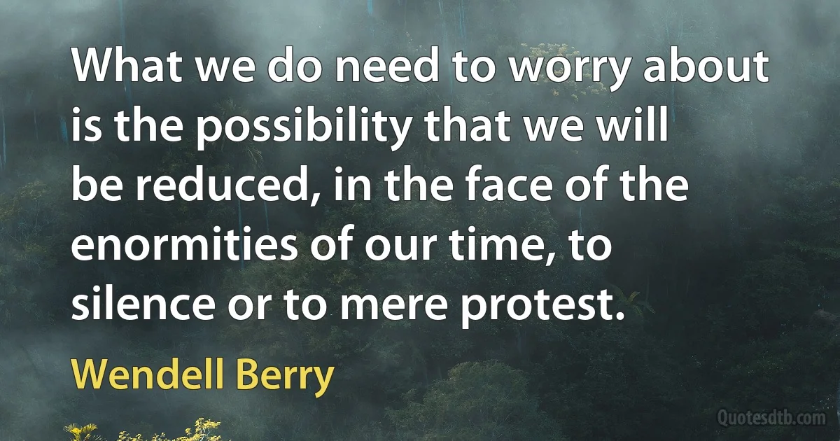 What we do need to worry about is the possibility that we will be reduced, in the face of the enormities of our time, to silence or to mere protest. (Wendell Berry)