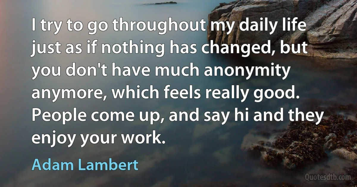 I try to go throughout my daily life just as if nothing has changed, but you don't have much anonymity anymore, which feels really good. People come up, and say hi and they enjoy your work. (Adam Lambert)