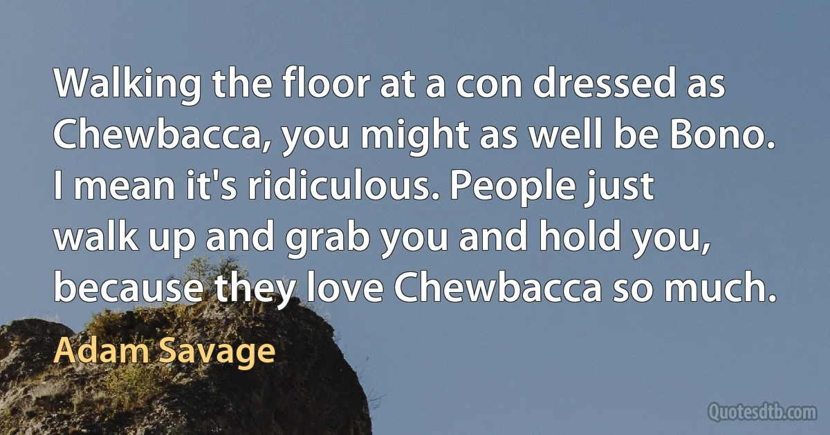 Walking the floor at a con dressed as Chewbacca, you might as well be Bono. I mean it's ridiculous. People just walk up and grab you and hold you, because they love Chewbacca so much. (Adam Savage)