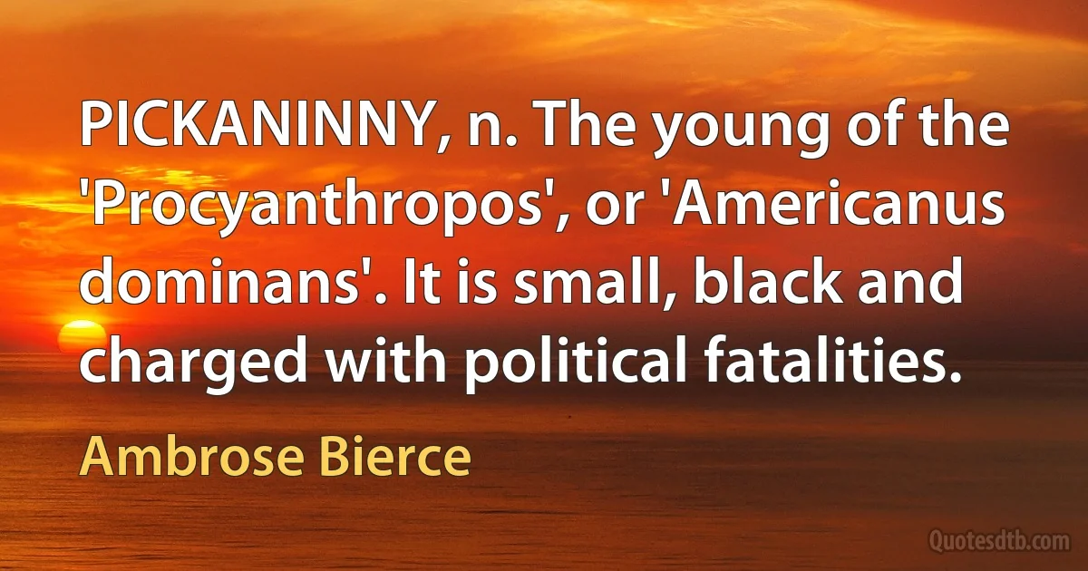 PICKANINNY, n. The young of the 'Procyanthropos', or 'Americanus dominans'. It is small, black and charged with political fatalities. (Ambrose Bierce)