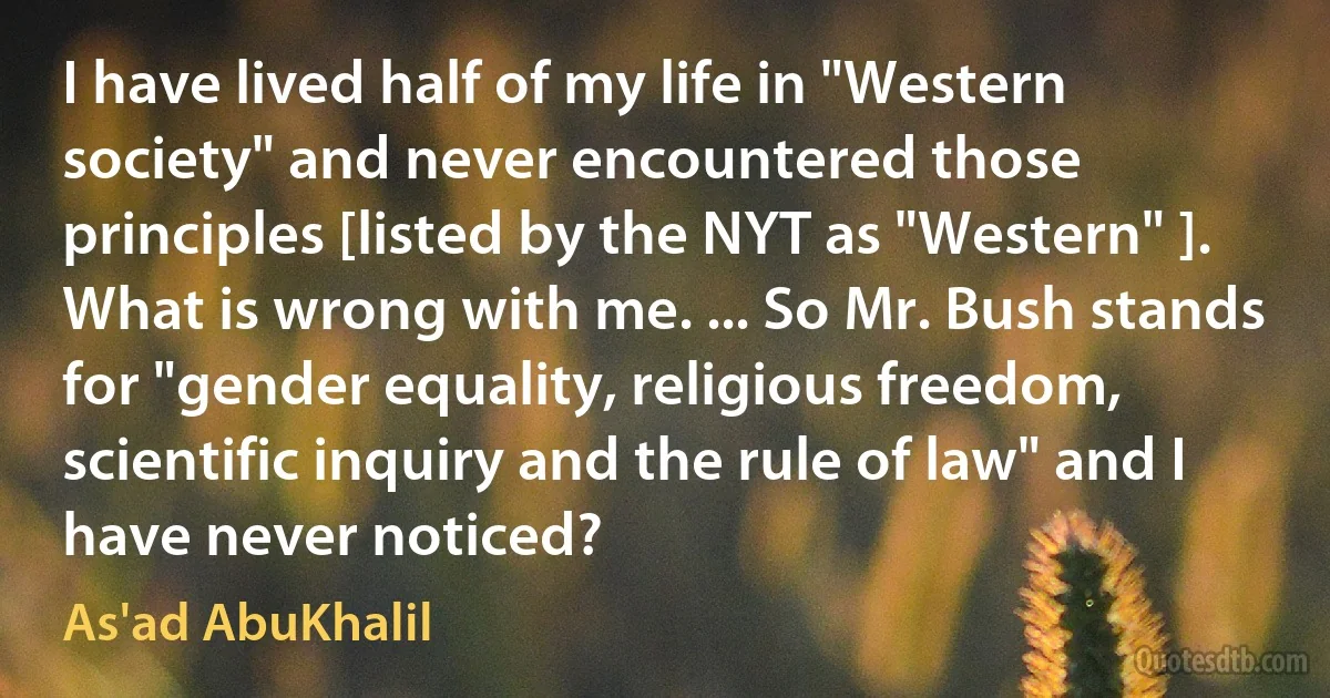 I have lived half of my life in "Western society" and never encountered those principles [listed by the NYT as "Western" ]. What is wrong with me. ... So Mr. Bush stands for "gender equality, religious freedom, scientific inquiry and the rule of law" and I have never noticed? (As'ad AbuKhalil)