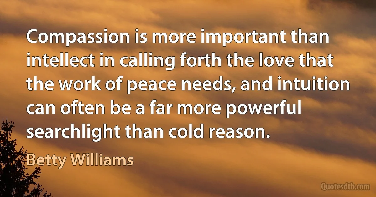 Compassion is more important than intellect in calling forth the love that the work of peace needs, and intuition can often be a far more powerful searchlight than cold reason. (Betty Williams)