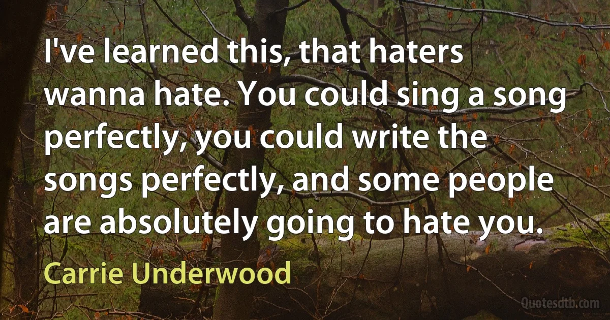 I've learned this, that haters wanna hate. You could sing a song perfectly, you could write the songs perfectly, and some people are absolutely going to hate you. (Carrie Underwood)