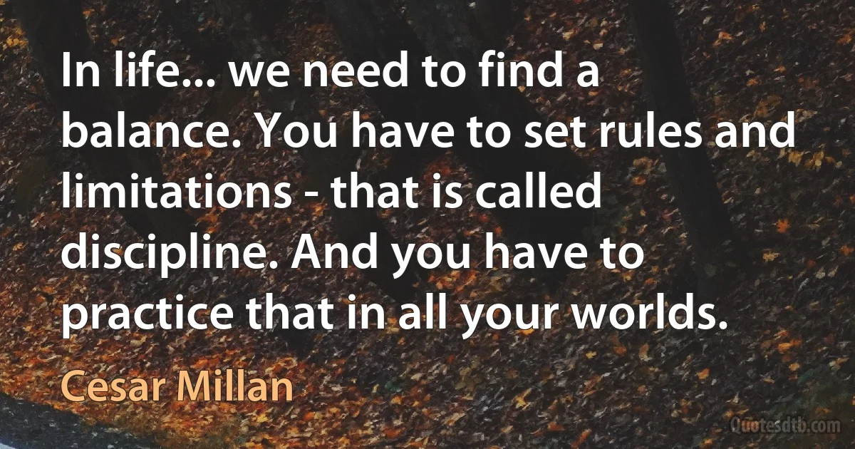 In life... we need to find a balance. You have to set rules and limitations - that is called discipline. And you have to practice that in all your worlds. (Cesar Millan)