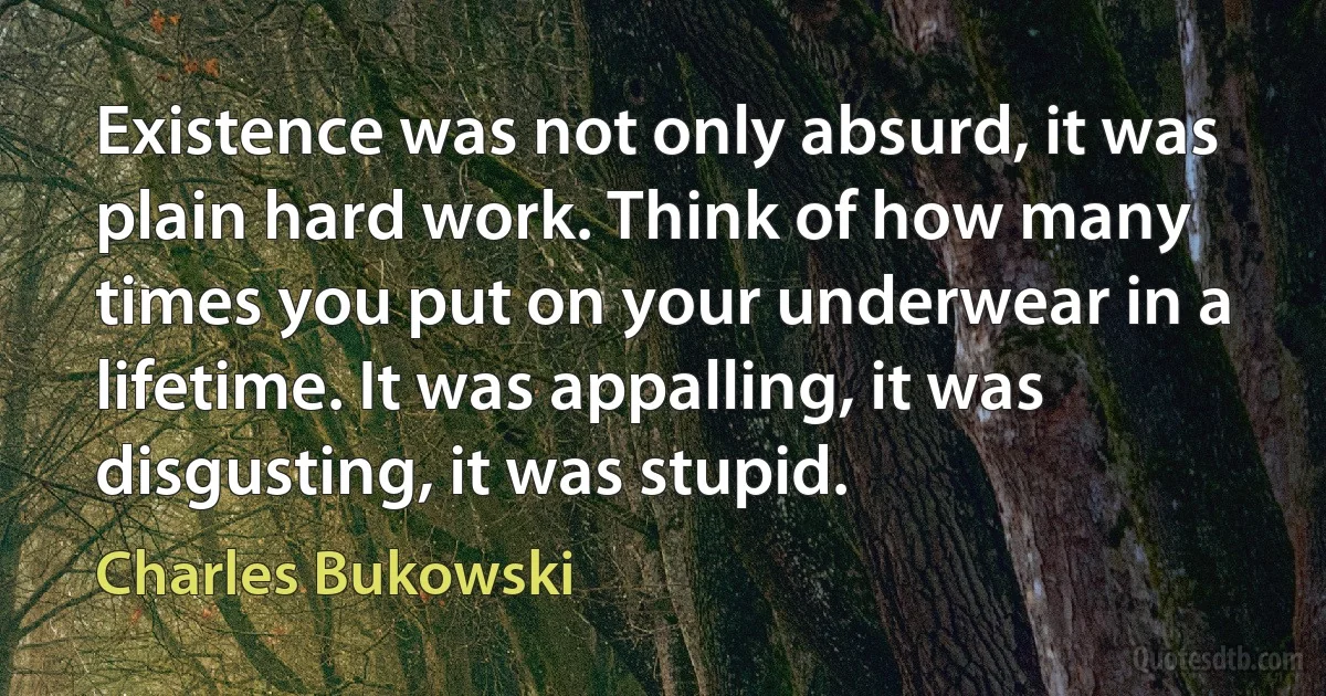 Existence was not only absurd, it was plain hard work. Think of how many times you put on your underwear in a lifetime. It was appalling, it was disgusting, it was stupid. (Charles Bukowski)