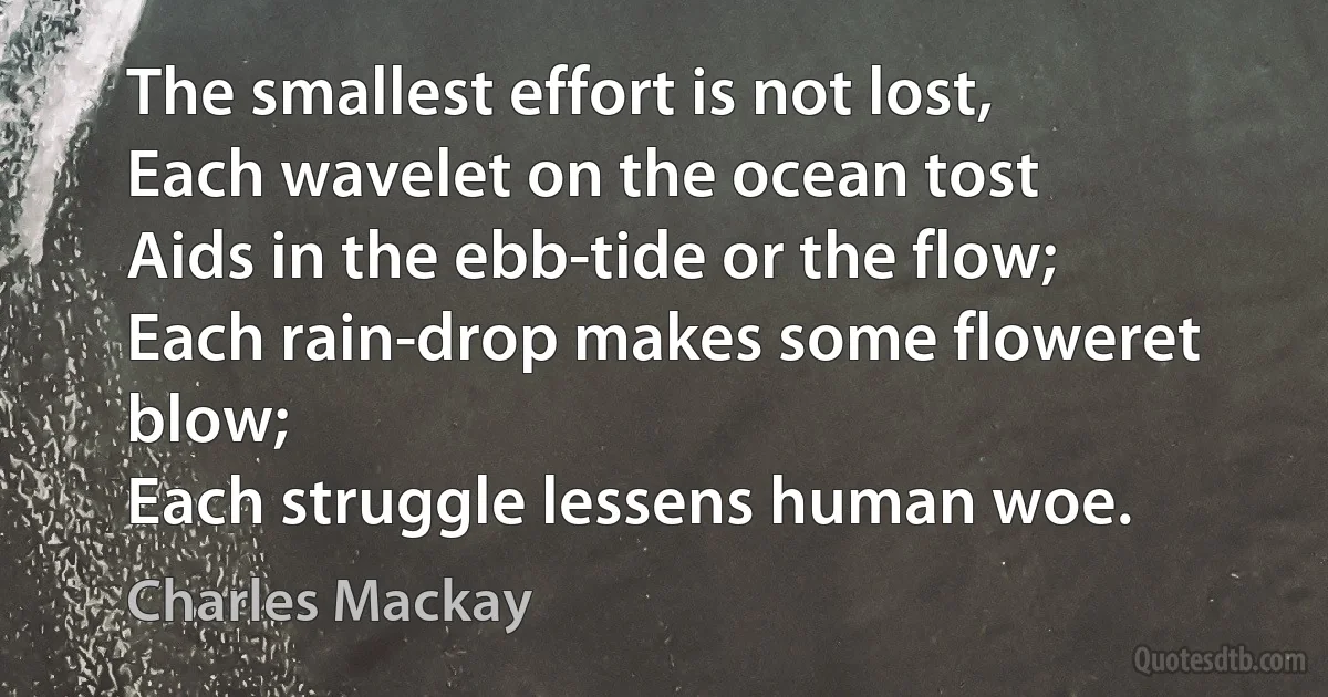 The smallest effort is not lost,
Each wavelet on the ocean tost
Aids in the ebb-tide or the flow;
Each rain-drop makes some floweret blow;
Each struggle lessens human woe. (Charles Mackay)