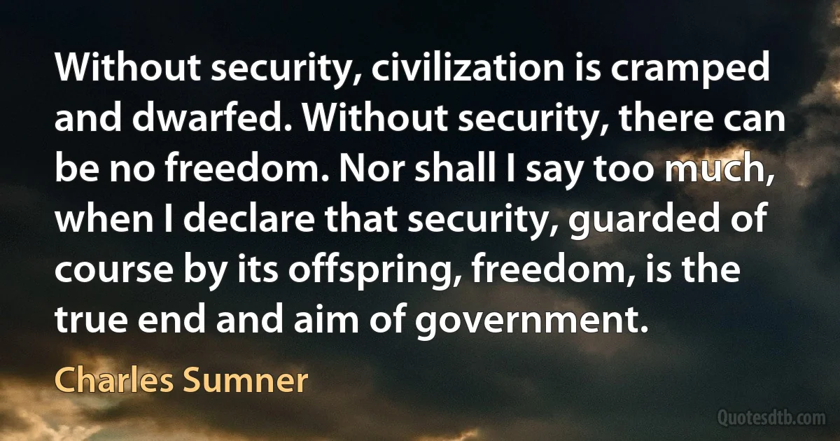 Without security, civilization is cramped and dwarfed. Without security, there can be no freedom. Nor shall I say too much, when I declare that security, guarded of course by its offspring, freedom, is the true end and aim of government. (Charles Sumner)