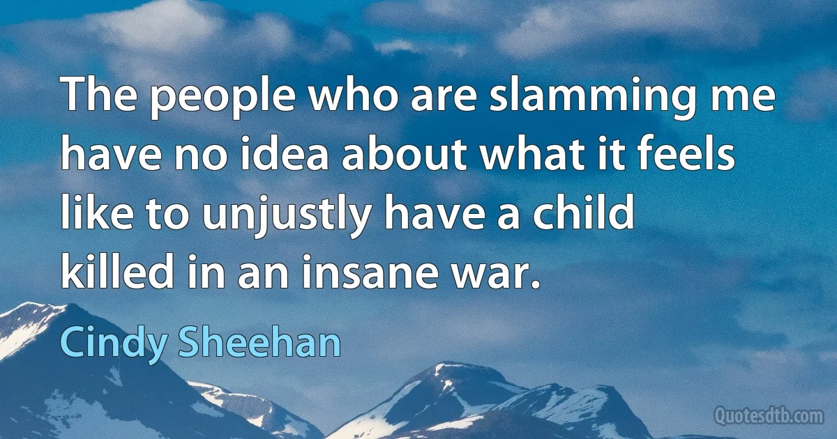 The people who are slamming me have no idea about what it feels like to unjustly have a child killed in an insane war. (Cindy Sheehan)