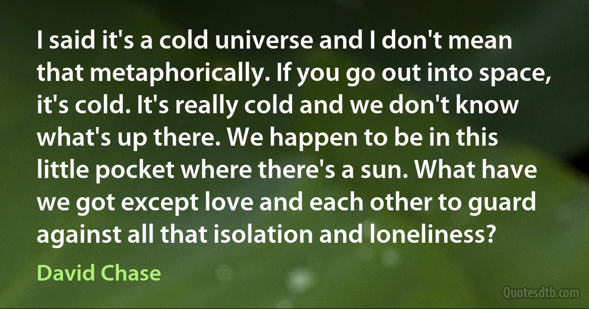 I said it's a cold universe and I don't mean that metaphorically. If you go out into space, it's cold. It's really cold and we don't know what's up there. We happen to be in this little pocket where there's a sun. What have we got except love and each other to guard against all that isolation and loneliness? (David Chase)