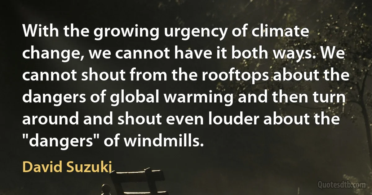 With the growing urgency of climate change, we cannot have it both ways. We cannot shout from the rooftops about the dangers of global warming and then turn around and shout even louder about the "dangers" of windmills. (David Suzuki)