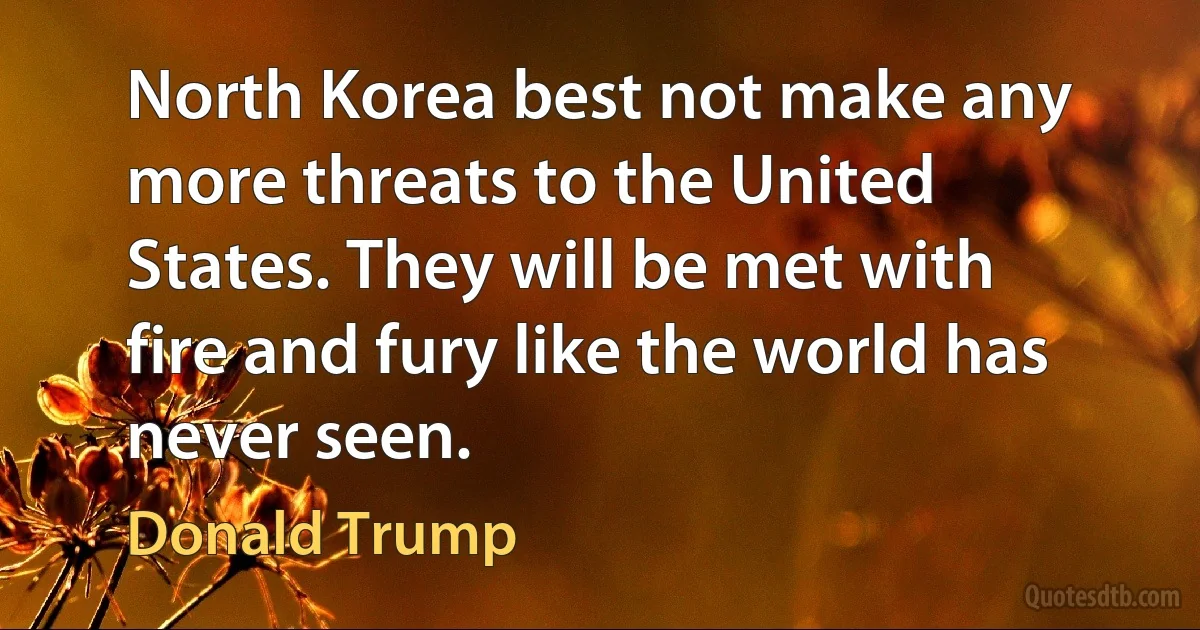 North Korea best not make any more threats to the United States. They will be met with fire and fury like the world has never seen. (Donald Trump)