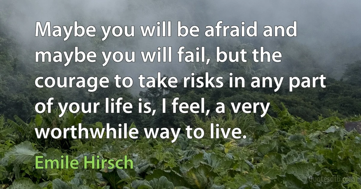 Maybe you will be afraid and maybe you will fail, but the courage to take risks in any part of your life is, I feel, a very worthwhile way to live. (Emile Hirsch)