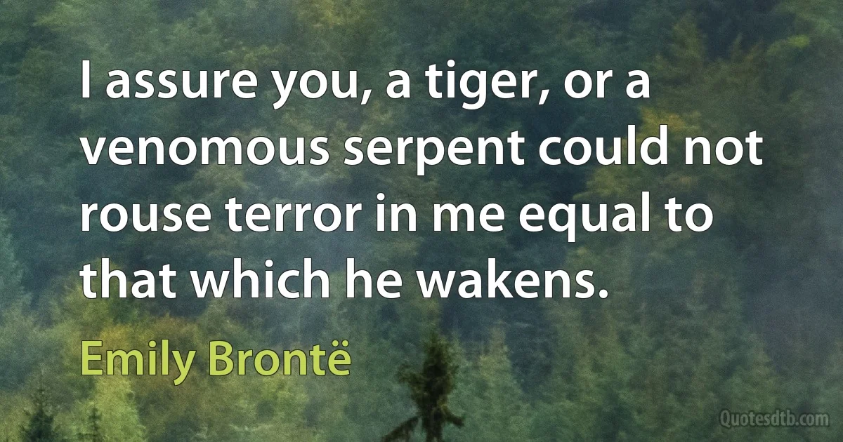 I assure you, a tiger, or a venomous serpent could not rouse terror in me equal to that which he wakens. (Emily Brontë)