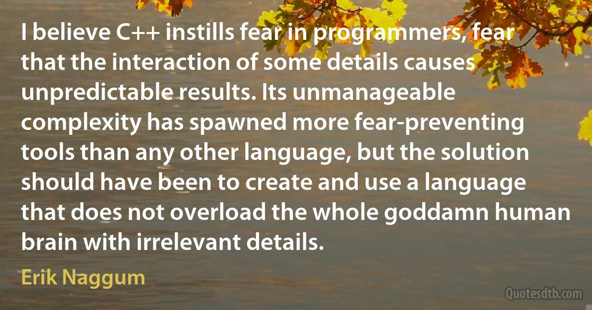 I believe C++ instills fear in programmers, fear that the interaction of some details causes unpredictable results. Its unmanageable complexity has spawned more fear-preventing tools than any other language, but the solution should have been to create and use a language that does not overload the whole goddamn human brain with irrelevant details. (Erik Naggum)