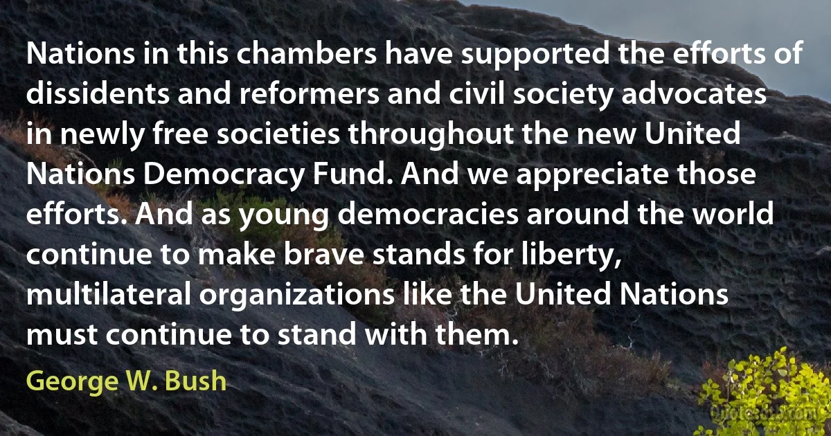 Nations in this chambers have supported the efforts of dissidents and reformers and civil society advocates in newly free societies throughout the new United Nations Democracy Fund. And we appreciate those efforts. And as young democracies around the world continue to make brave stands for liberty, multilateral organizations like the United Nations must continue to stand with them. (George W. Bush)