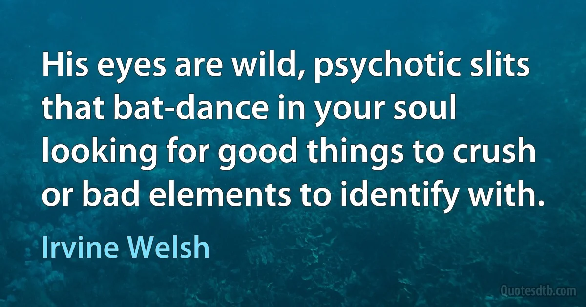 His eyes are wild, psychotic slits that bat-dance in your soul looking for good things to crush or bad elements to identify with. (Irvine Welsh)