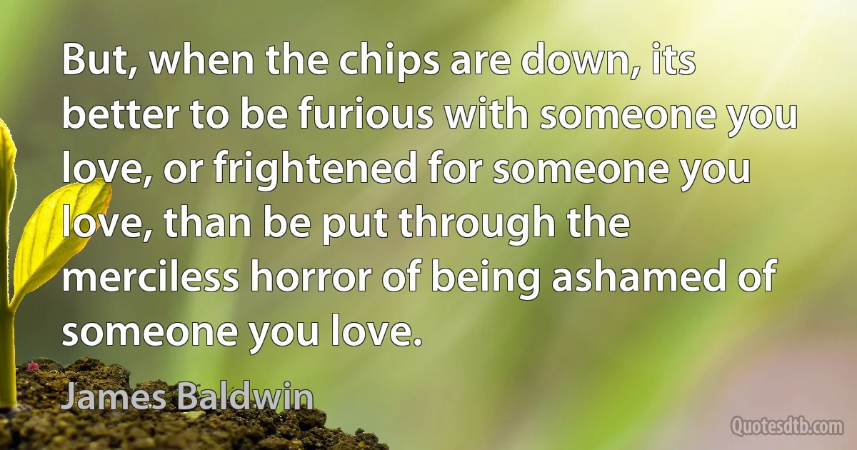 But, when the chips are down, its better to be furious with someone you love, or frightened for someone you love, than be put through the merciless horror of being ashamed of someone you love. (James Baldwin)