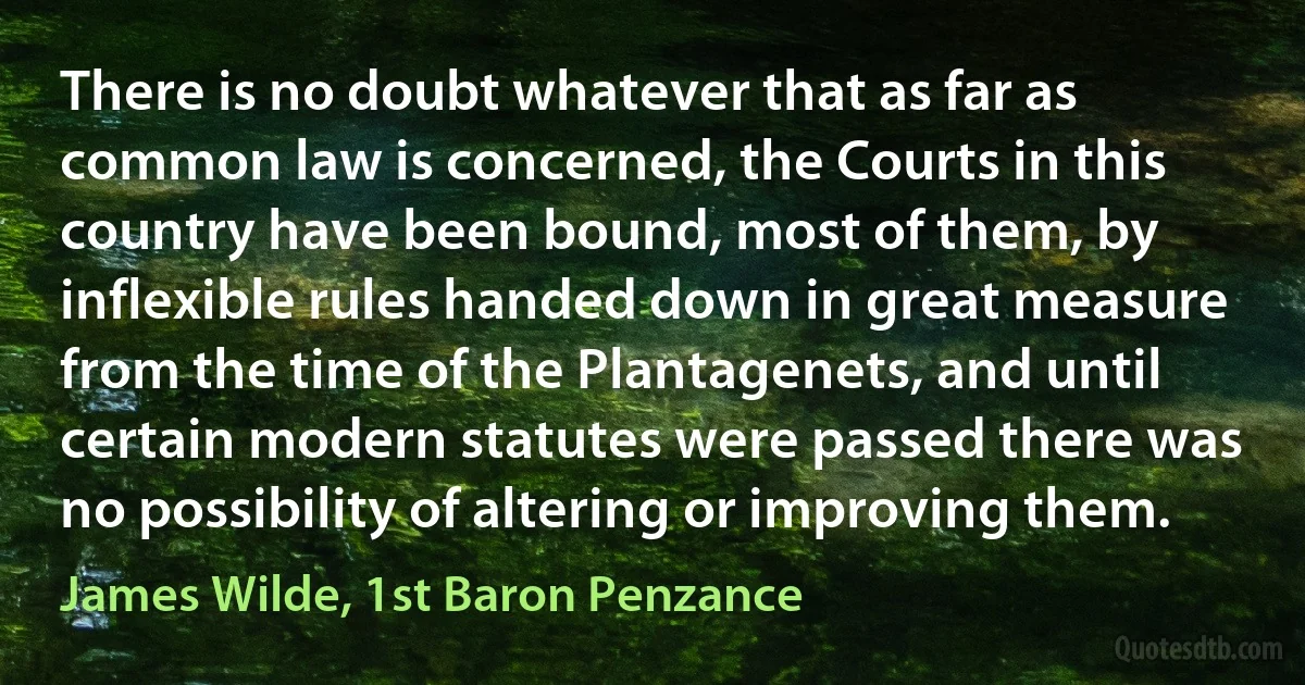 There is no doubt whatever that as far as common law is concerned, the Courts in this country have been bound, most of them, by inflexible rules handed down in great measure from the time of the Plantagenets, and until certain modern statutes were passed there was no possibility of altering or improving them. (James Wilde, 1st Baron Penzance)