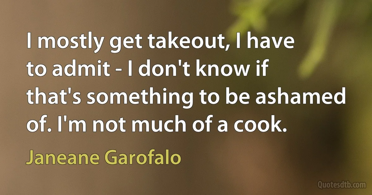 I mostly get takeout, I have to admit - I don't know if that's something to be ashamed of. I'm not much of a cook. (Janeane Garofalo)