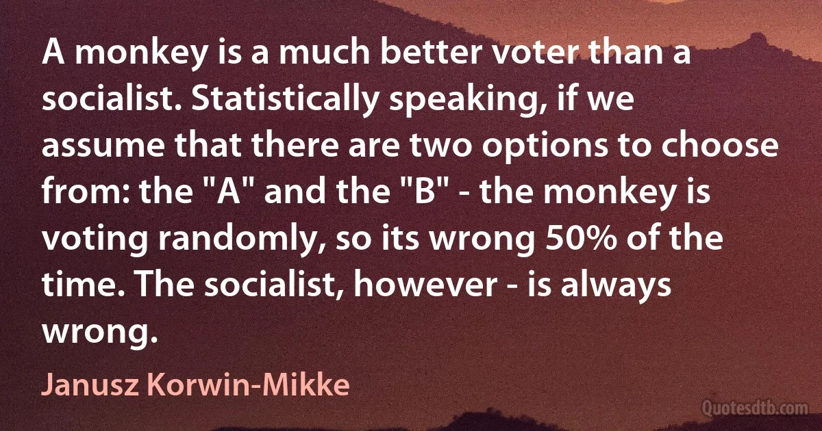 A monkey is a much better voter than a socialist. Statistically speaking, if we assume that there are two options to choose from: the "A" and the "B" - the monkey is voting randomly, so its wrong 50% of the time. The socialist, however - is always wrong. (Janusz Korwin-Mikke)