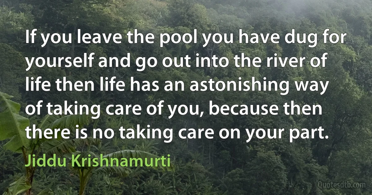 If you leave the pool you have dug for yourself and go out into the river of life then life has an astonishing way of taking care of you, because then there is no taking care on your part. (Jiddu Krishnamurti)