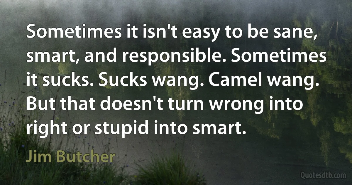 Sometimes it isn't easy to be sane, smart, and responsible. Sometimes it sucks. Sucks wang. Camel wang. But that doesn't turn wrong into right or stupid into smart. (Jim Butcher)