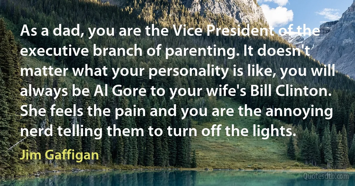 As a dad, you are the Vice President of the executive branch of parenting. It doesn't matter what your personality is like, you will always be Al Gore to your wife's Bill Clinton. She feels the pain and you are the annoying nerd telling them to turn off the lights. (Jim Gaffigan)