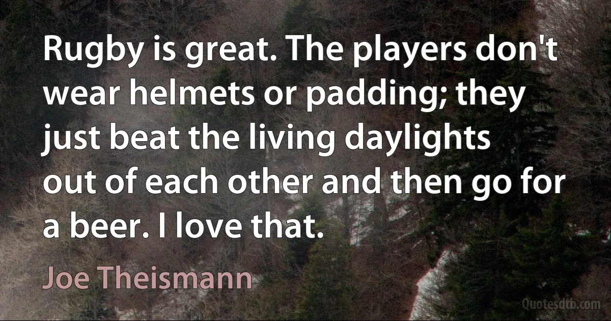 Rugby is great. The players don't wear helmets or padding; they just beat the living daylights out of each other and then go for a beer. I love that. (Joe Theismann)