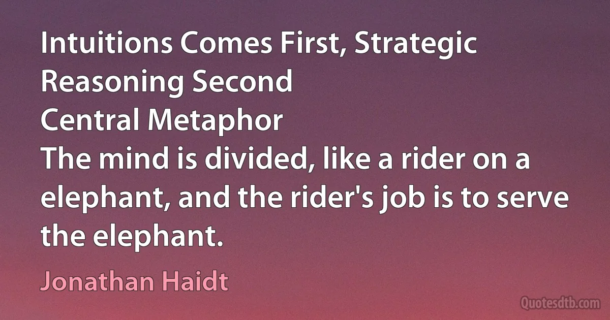 Intuitions Comes First, Strategic Reasoning Second
Central Metaphor
The mind is divided, like a rider on a elephant, and the rider's job is to serve the elephant. (Jonathan Haidt)