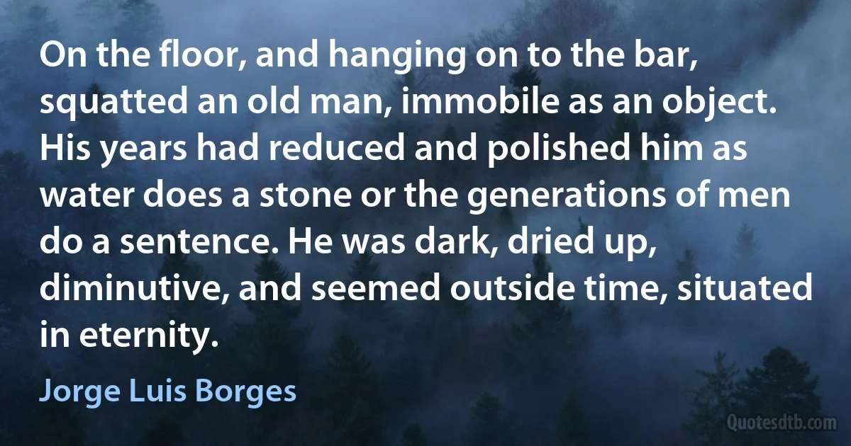 On the floor, and hanging on to the bar, squatted an old man, immobile as an object. His years had reduced and polished him as water does a stone or the generations of men do a sentence. He was dark, dried up, diminutive, and seemed outside time, situated in eternity. (Jorge Luis Borges)