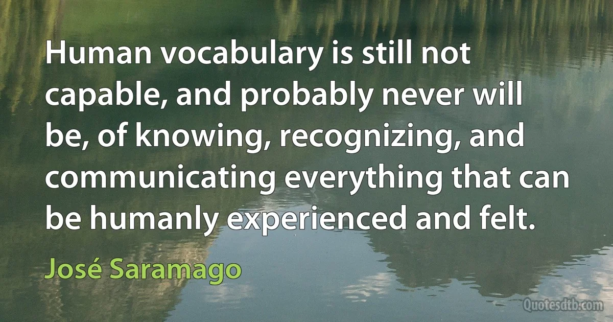 Human vocabulary is still not capable, and probably never will be, of knowing, recognizing, and communicating everything that can be humanly experienced and felt. (José Saramago)