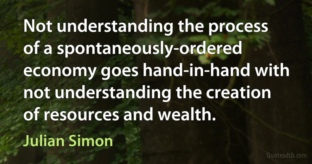 Not understanding the process of a spontaneously-ordered economy goes hand-in-hand with not understanding the creation of resources and wealth. (Julian Simon)