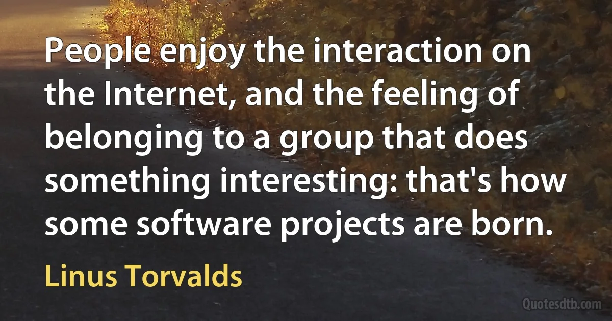 People enjoy the interaction on the Internet, and the feeling of belonging to a group that does something interesting: that's how some software projects are born. (Linus Torvalds)