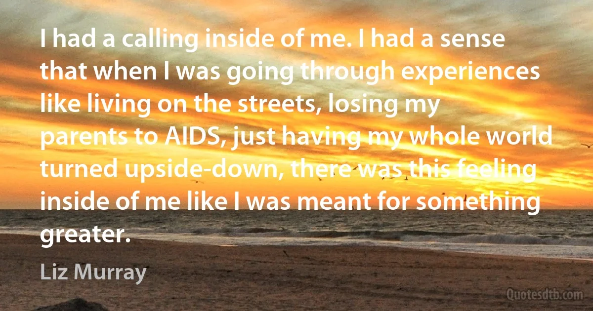 I had a calling inside of me. I had a sense that when I was going through experiences like living on the streets, losing my parents to AIDS, just having my whole world turned upside-down, there was this feeling inside of me like I was meant for something greater. (Liz Murray)