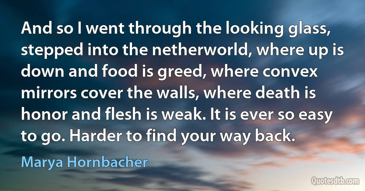 And so I went through the looking glass, stepped into the netherworld, where up is down and food is greed, where convex mirrors cover the walls, where death is honor and flesh is weak. It is ever so easy to go. Harder to find your way back. (Marya Hornbacher)