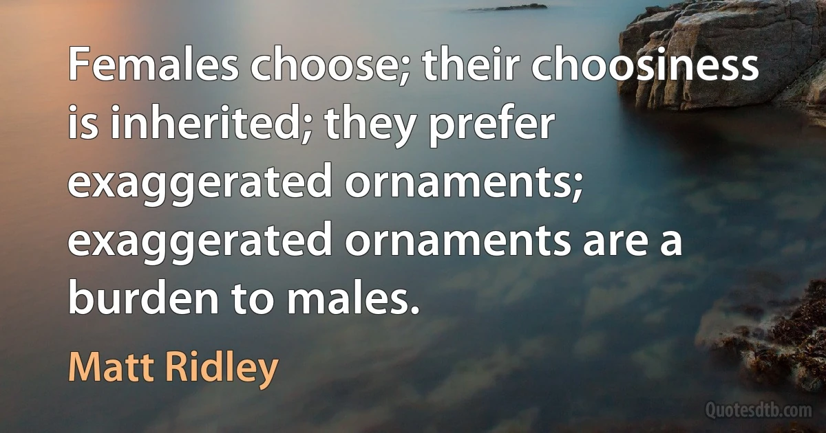 Females choose; their choosiness is inherited; they prefer exaggerated ornaments; exaggerated ornaments are a burden to males. (Matt Ridley)